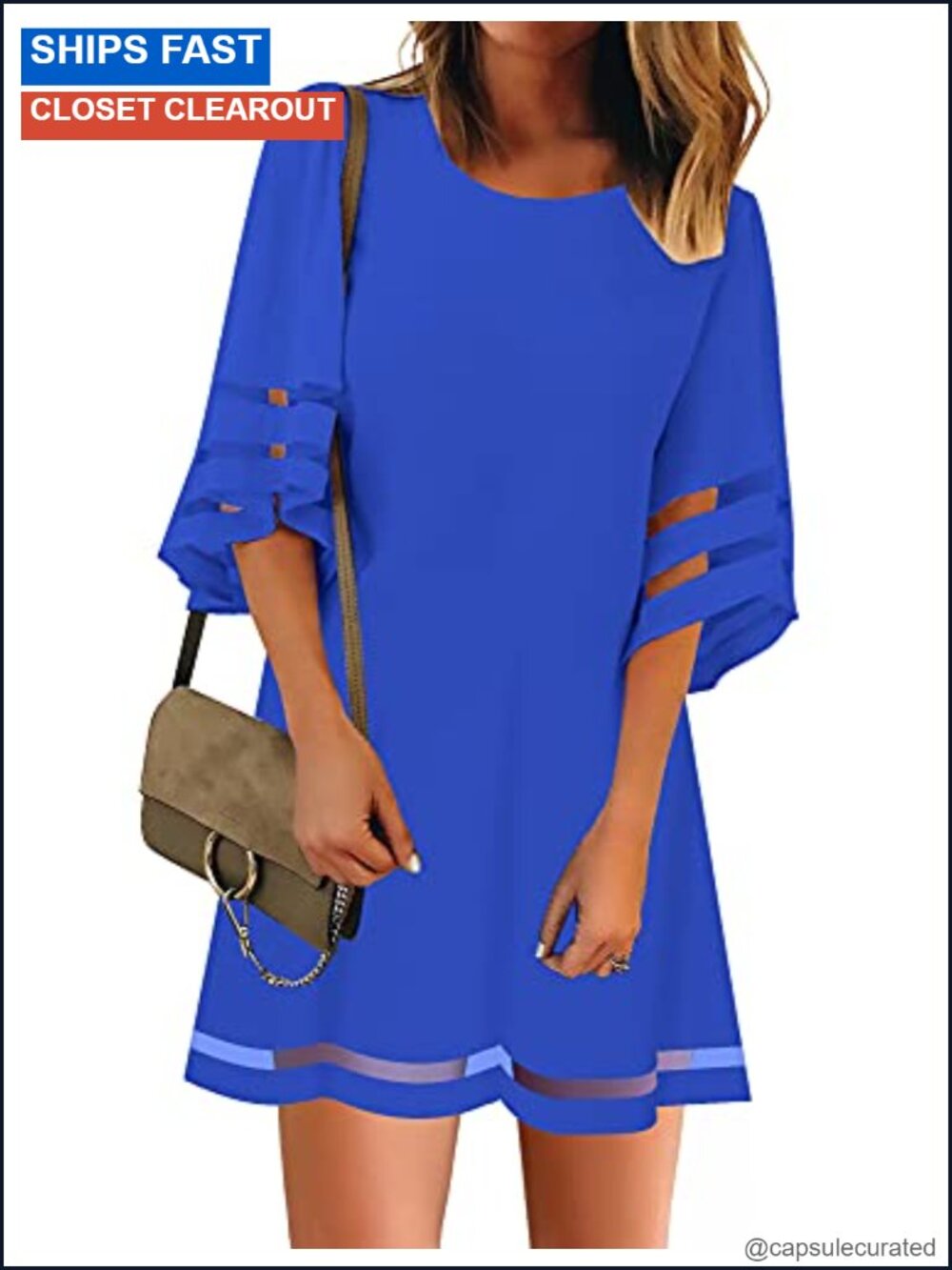 Casual 3/4 Bell Sleeve Tunic Dress Mesh Panel A-Line Shift Women
